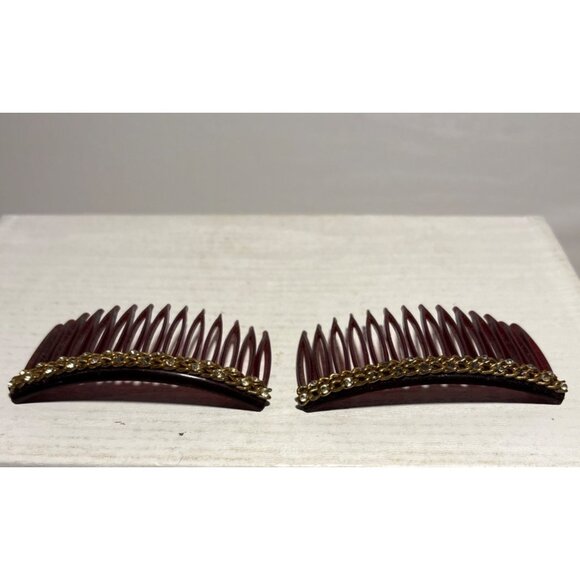 Vintage Mid Century Hair Combs Gold & Rhinestone Detail Accents Elegant Pair - Picture 7 of 9